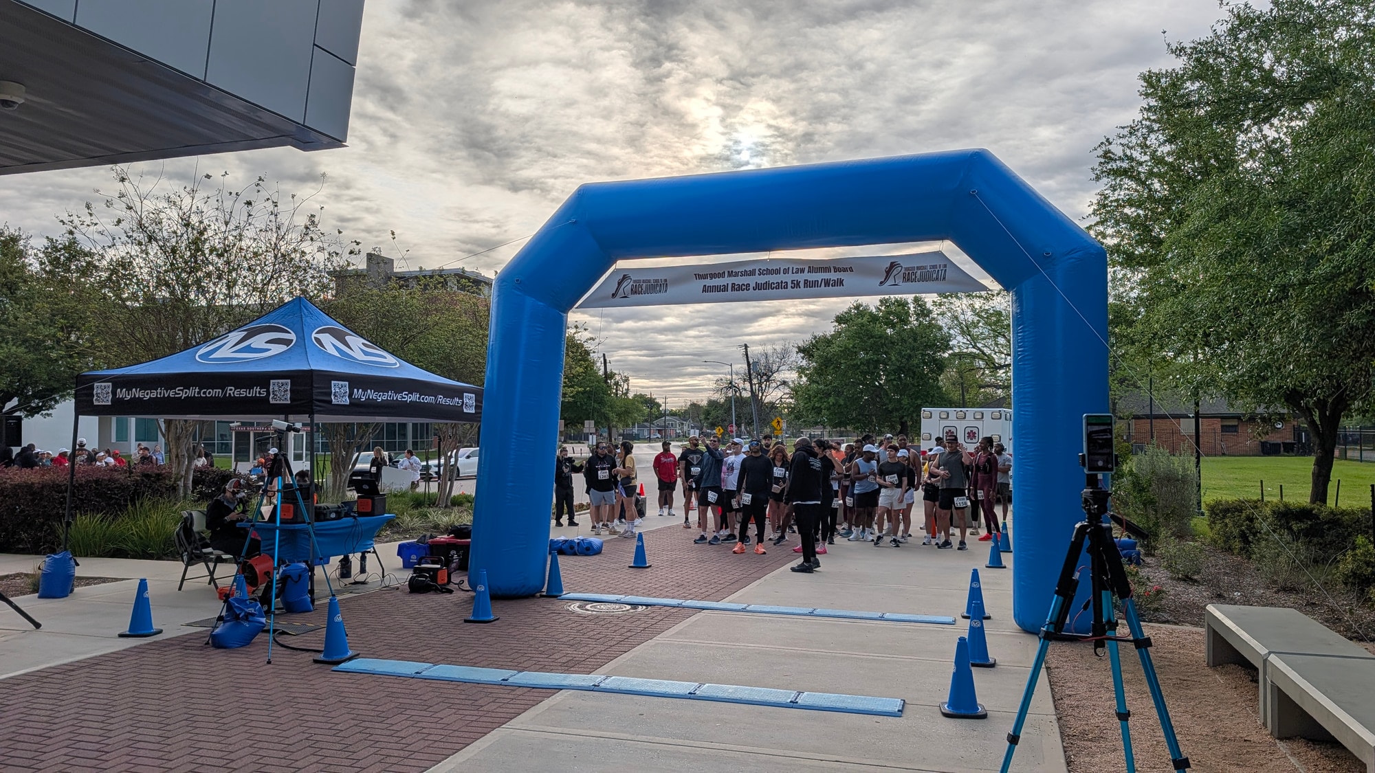 Crew setting up the finish line before a race